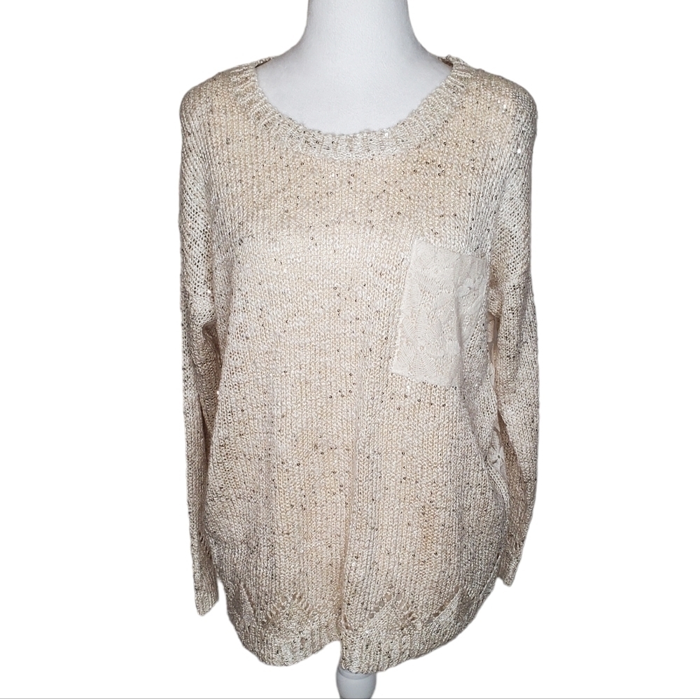 Flora Ashley Ivory Sweater and Tank Set   Romantic Sequined Lace Long Sleeve Top